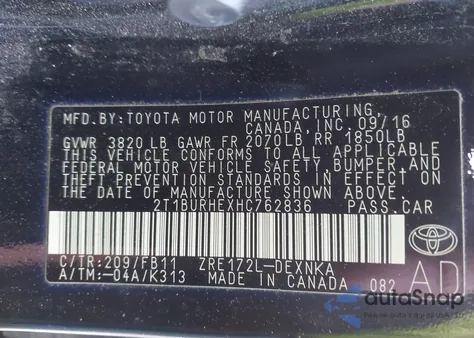 2017 Toyota Corolla Le from USA, damaged, VIN 2T1BURHEXHC762836